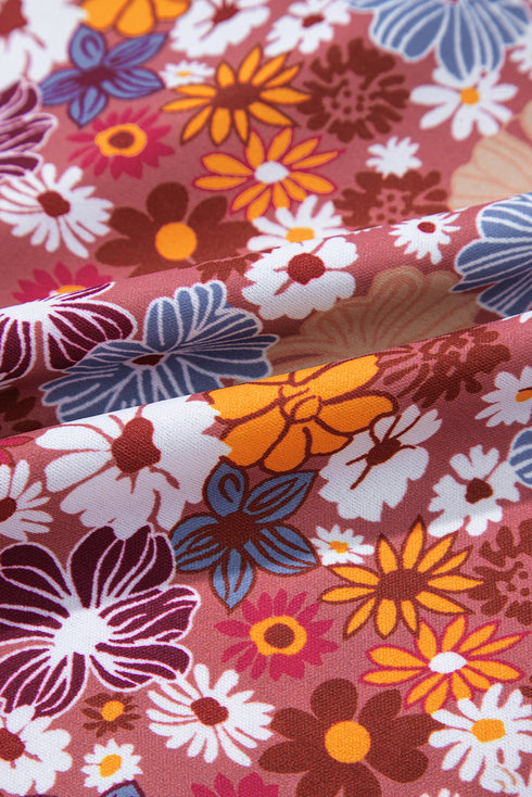 Red Floral Puff Sleeve Square Neck Knot Open Back Mini Dress